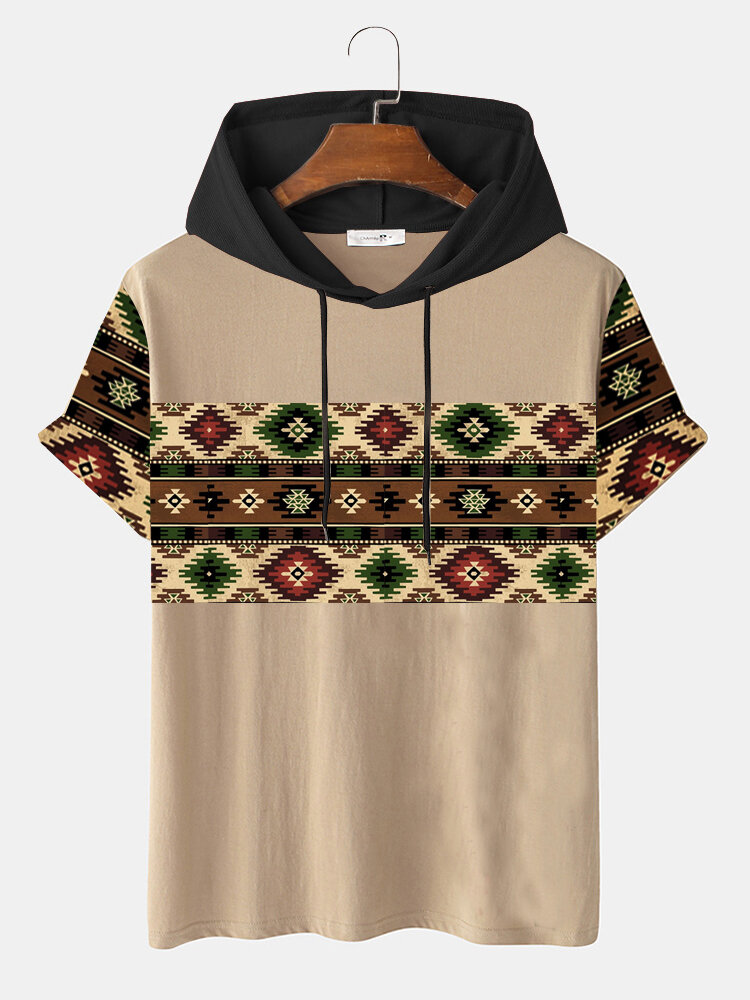 Mens Ethnic Geometric Print Patchwork Short Sleeve Hooded T-Shirts