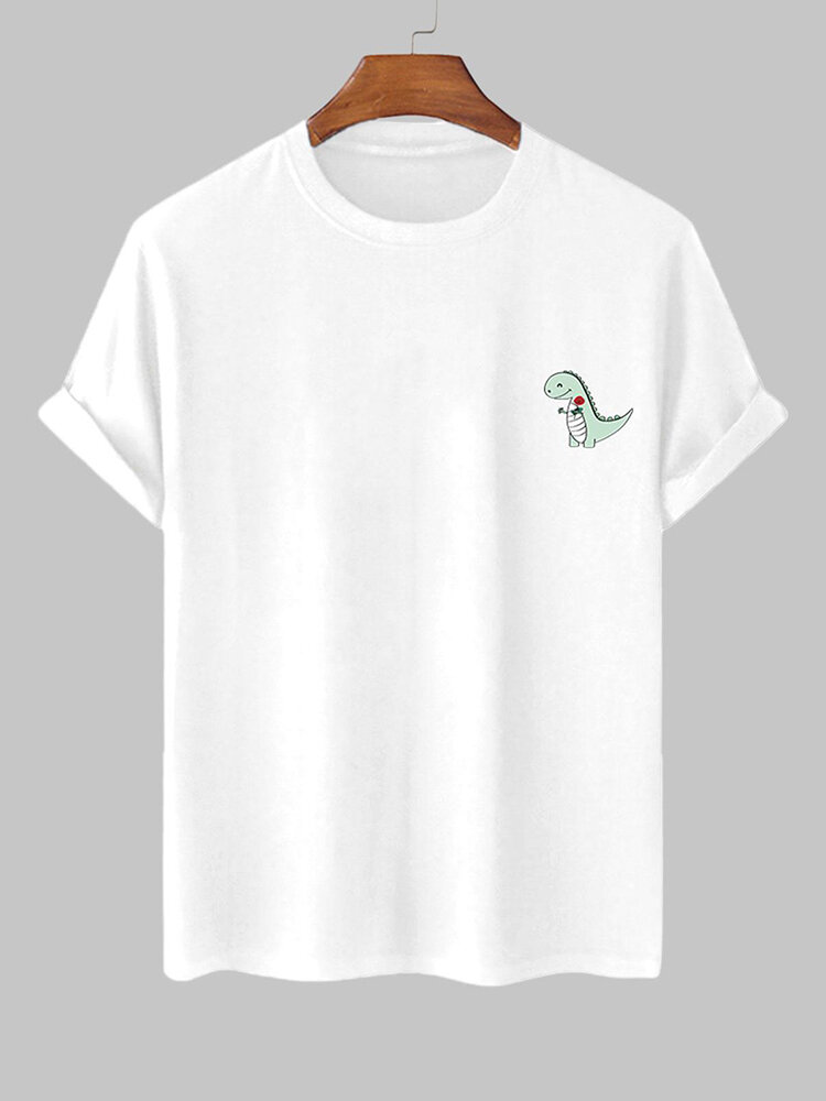 

Mens Cartoon Dinosaur Print Crew Neck Short Sleeve T-Shirts, White