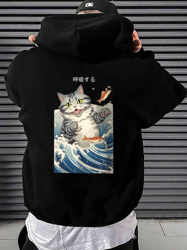 Mens Japanese Wave Cat Back Print Long Sleeve Hoodies Winter