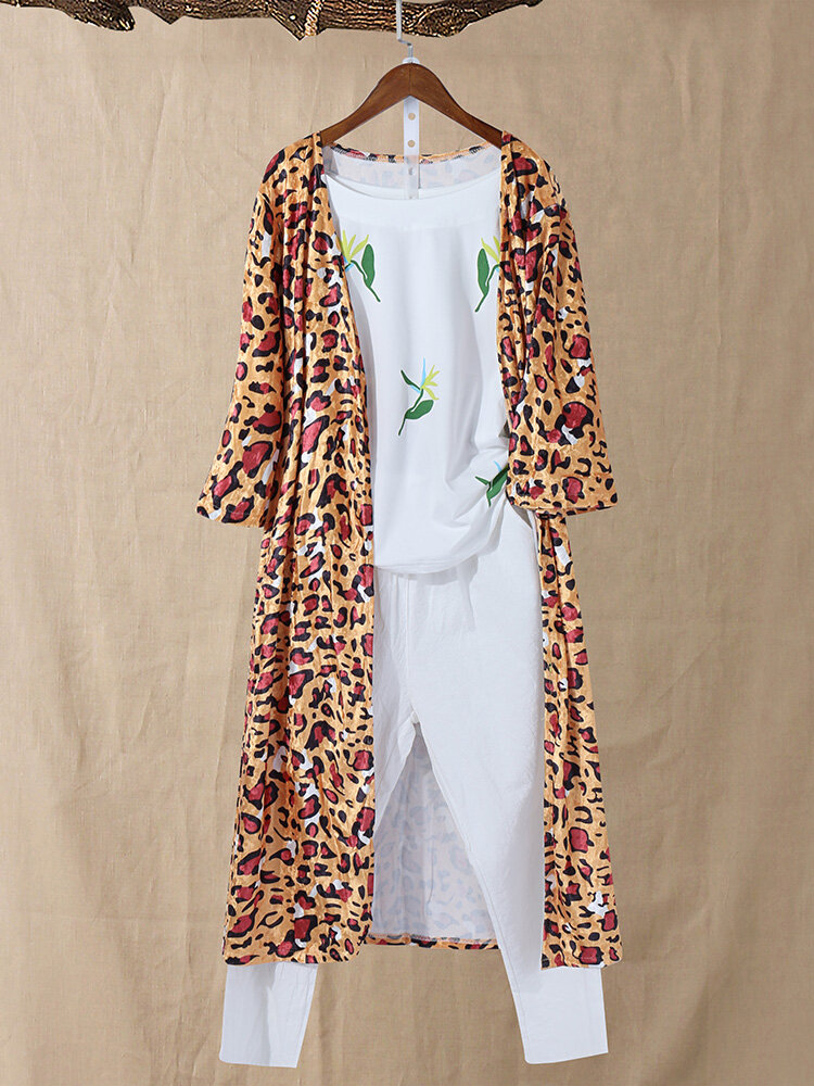 Casual Leopard 3/4 Sleeve Long Kimonos
