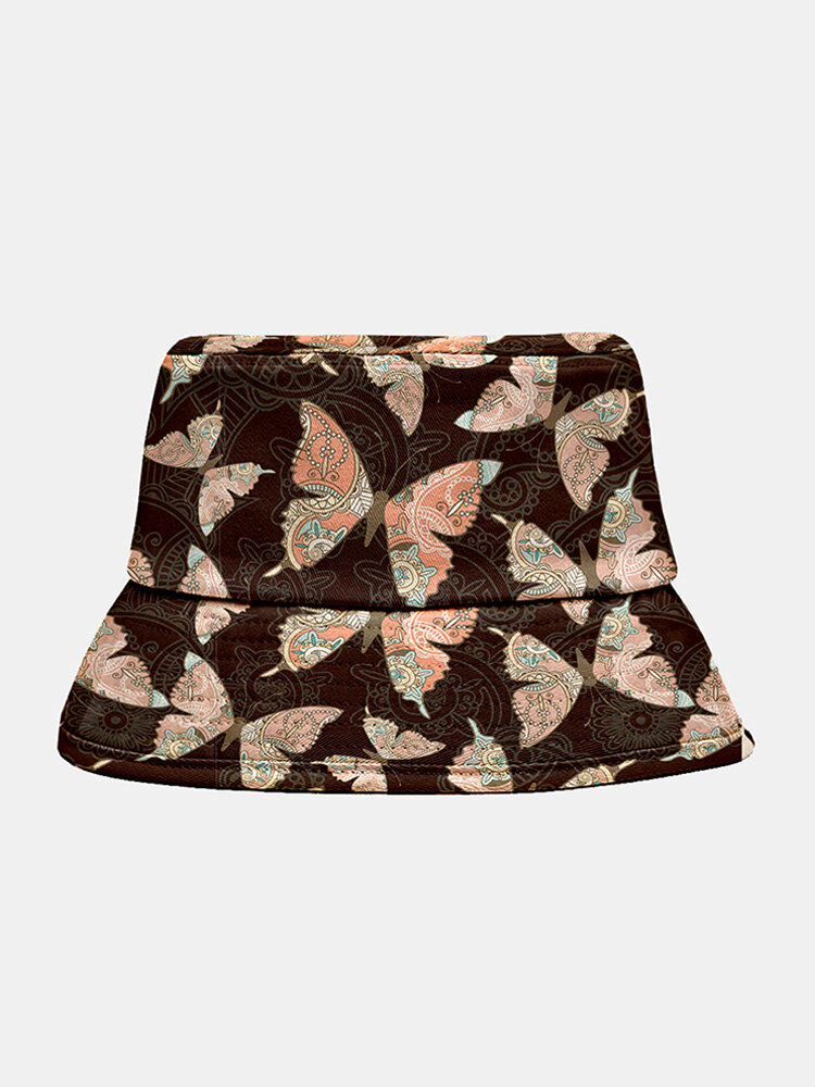 महिला पॉलिएस्टर कपास ओवरले विंटेज तितली जातीय पैटर्न प्रिंट फैशन बाल्टी टोपी