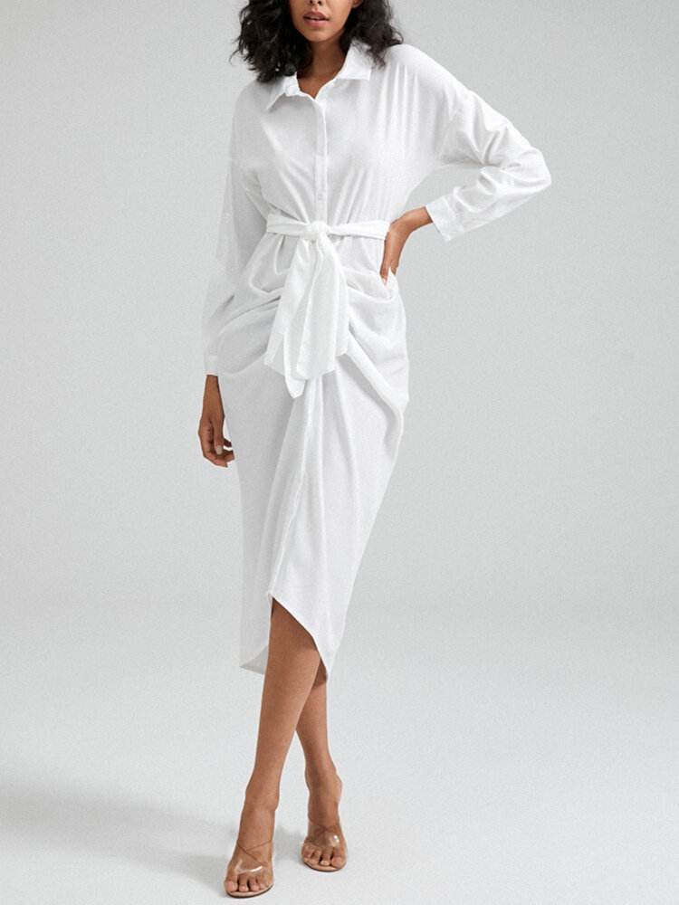 Solid Button Front Ruched Long Sleeve Belt Shirt Dress