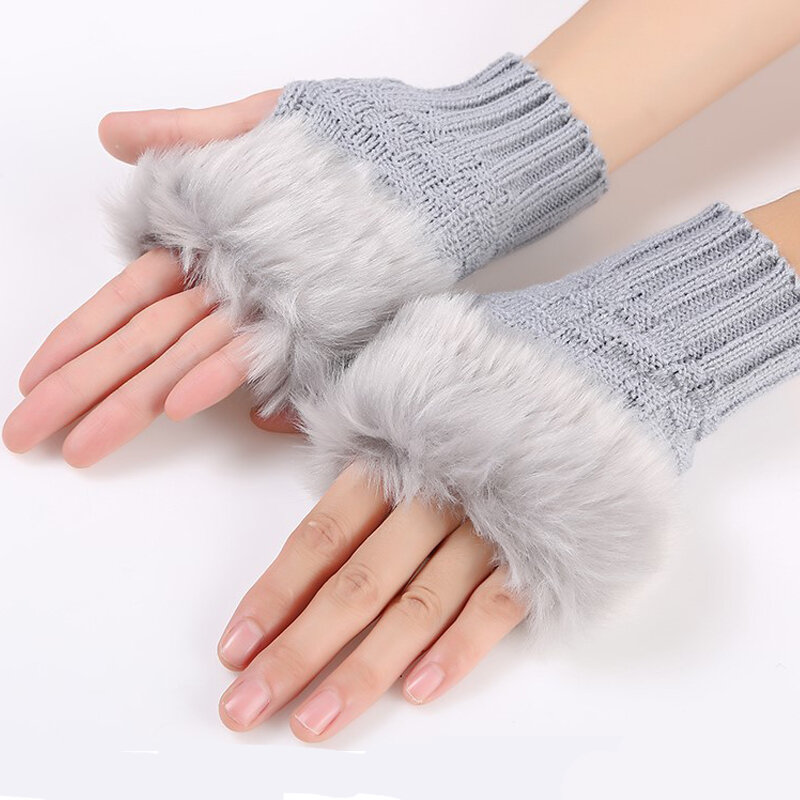 

Women Winter Warm Knitted Thicken Fingerless Gloves Artificial Rabbit Hair Half Finger Sleeve, Khaki;black;red;dark brown;wine red;light grey;camel;dark grey