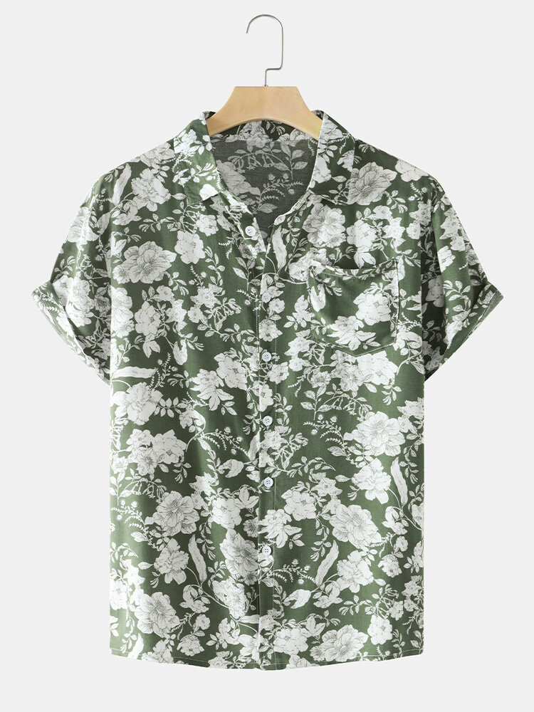 Mens Hawaii Floral Print Holiday Short Sleeve Shirts With Pocket