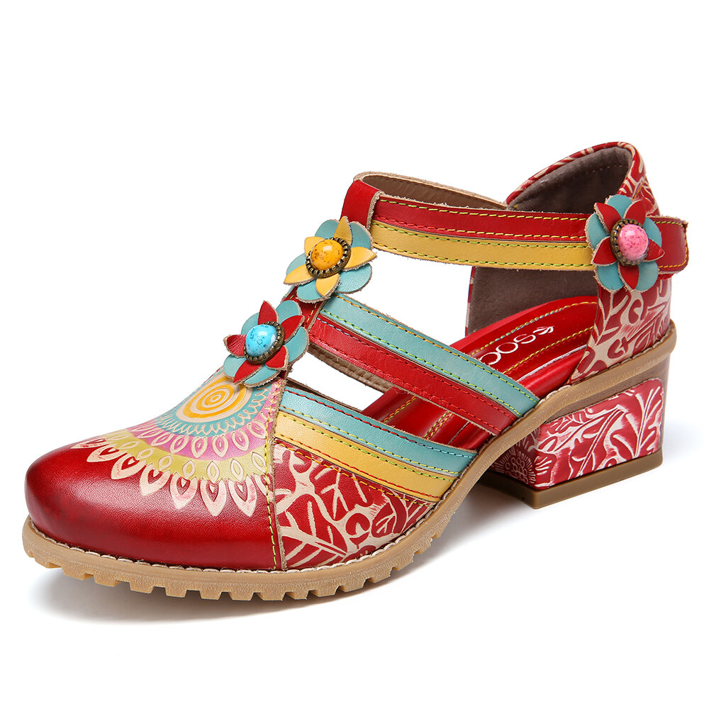 

SOCOFY Bohemia Ethnic Style Stitching Embossed Beading Floral Chunky Heel Pumps, Blue;brown;red