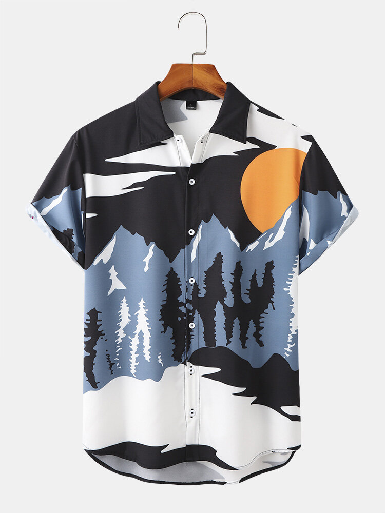 Mens Abstract Landscape Print Lapel Curved Hem Holiday Shirt