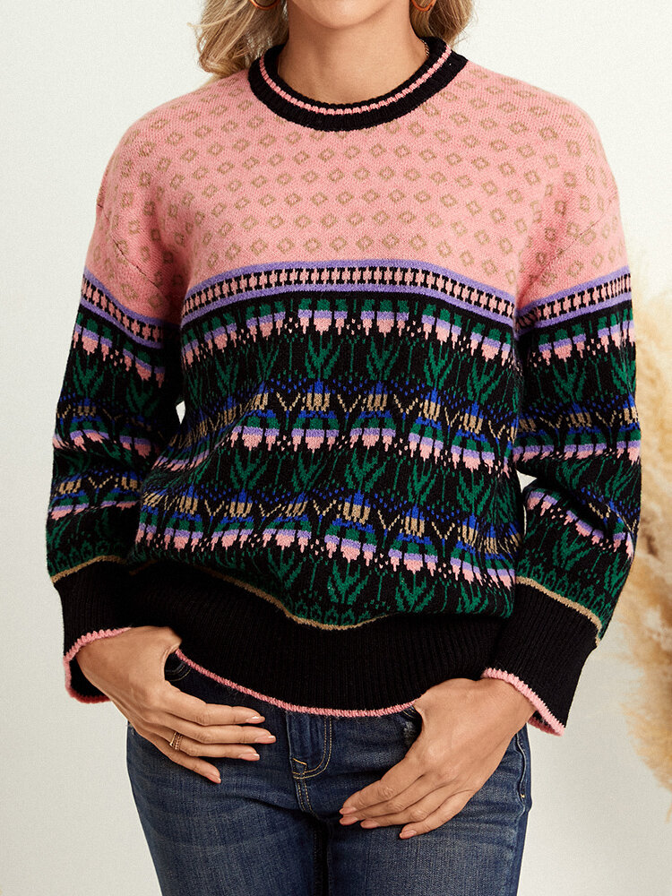 Geo Jacquard Contrast Color Long Sleeve Pullover Knit Sweater
