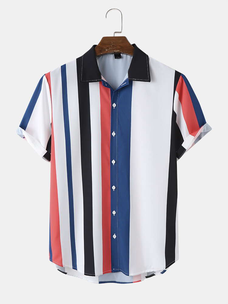 Mens Colorful Wide Striped Lapel Casual Short Sleeve Shirts