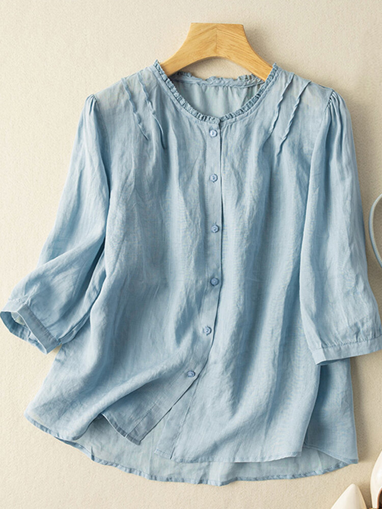 Women Plain Frill Neck Button Front Cotton Puff Sleeve Shirt