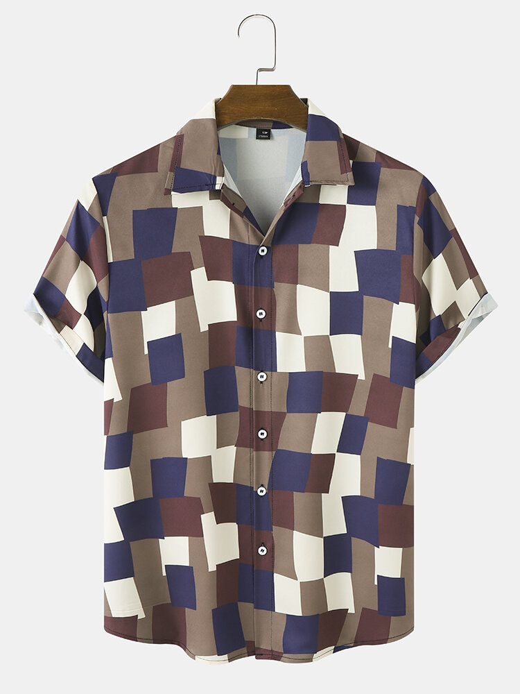 Mens All Over Abstract Check Print Button Up Preppy Short Sleeve Shirts