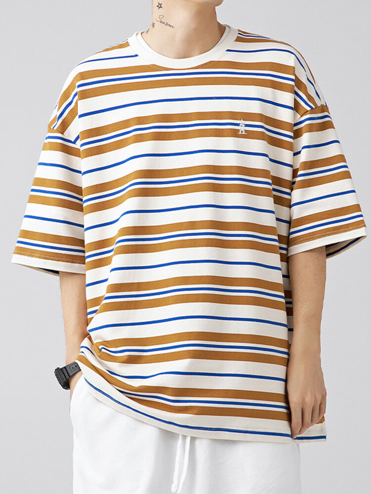 Mens Striped Dropped Shoulders Short Sleeve T-Shirts