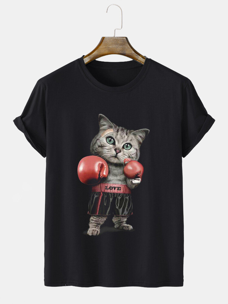 Camisetas masculinas Cat Graphic com gola redonda casual de manga curta de inverno
