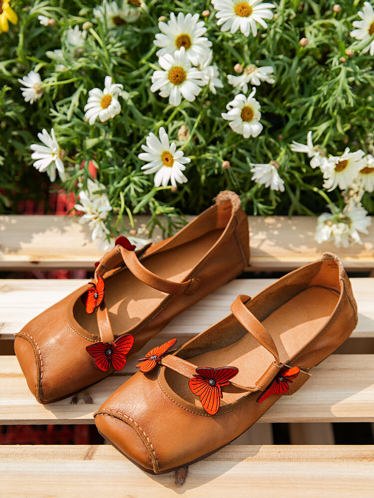 Socofy Genuine Leather Handmade Retro Ethnic Soft Comfy Hook & Loop Butterfly Embellished Mary Jane Shoes