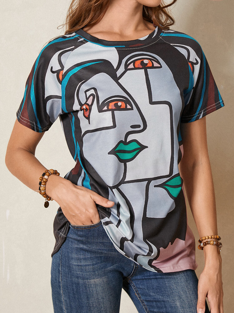 Women O-neck Short Sleeve Abstract Pattern Casual T-Shirt