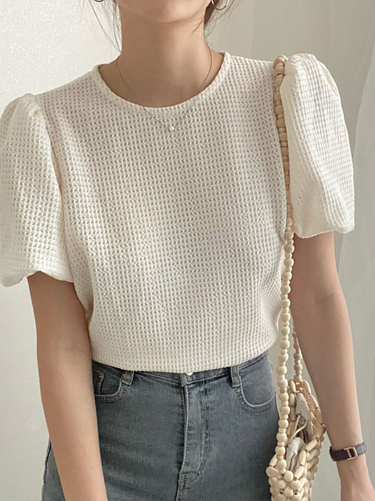 Women Solid Puff Sleeve Keyhole Back Textured Blouse