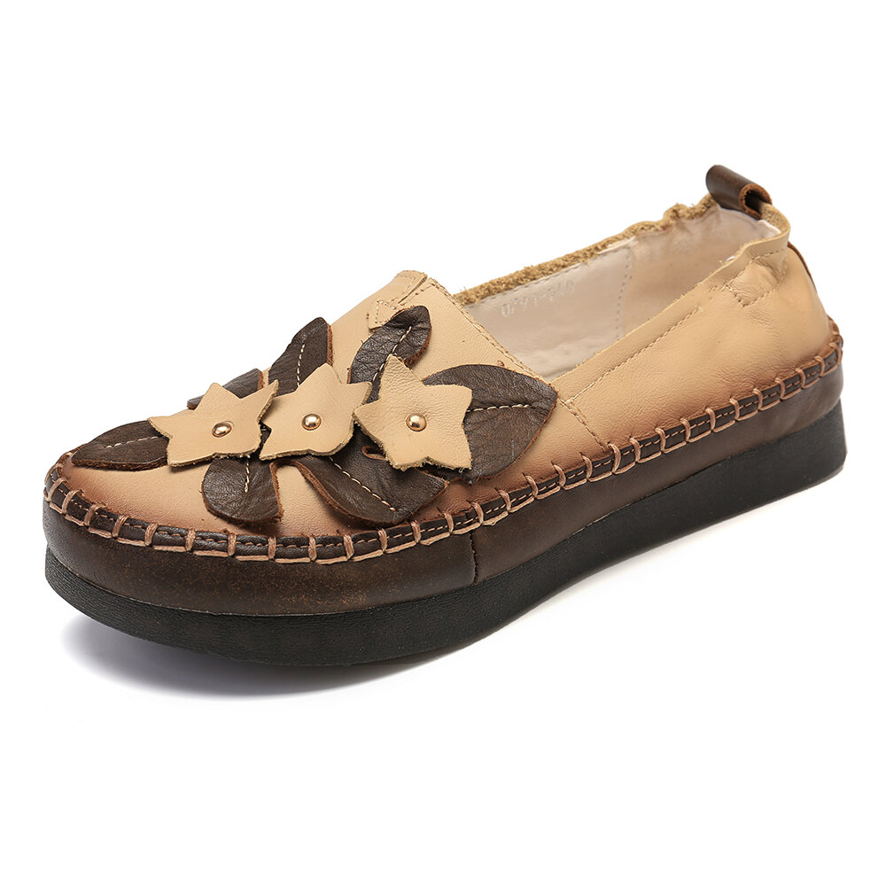 Handmade Leather Vintage Splicing Flower Platform Flat Shoes