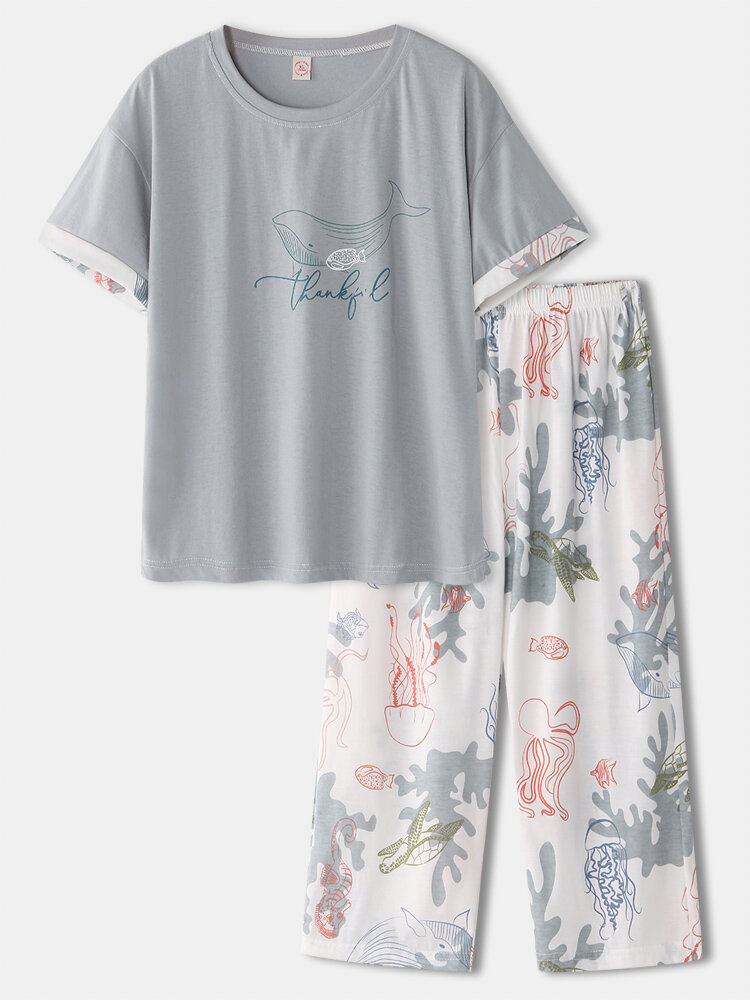 Women Marine Life Print Crew Neck T-Shirt & Elastic Waist Pants Cotton Home Pajama Sets