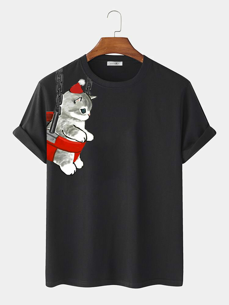 Mens Christmas Cat Side Print Crew Neck Short Sleeve T Shirts Winter