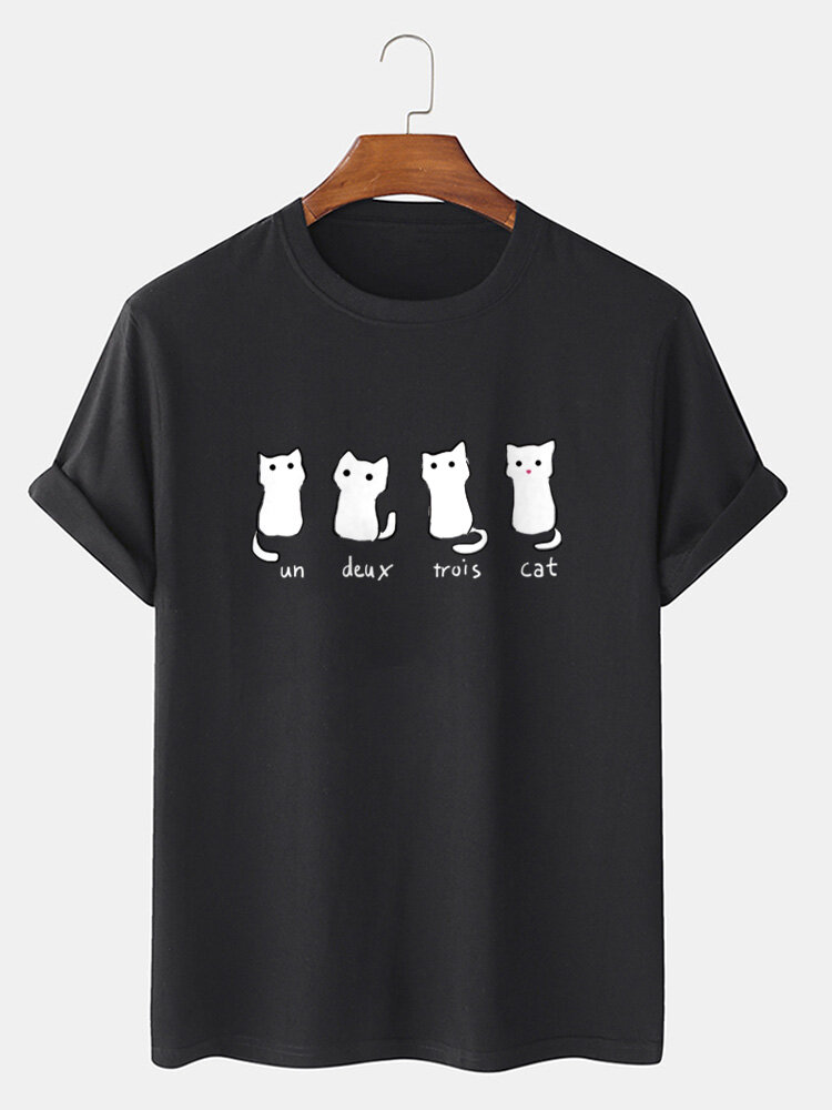 Mens Cute Cat Print Crew Neck Cotton Short Sleeve T-Shirts