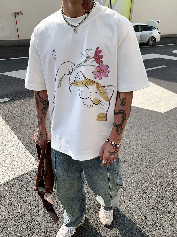 メンズ 漫画猫 花柄 クルーネック 半袖 Tシャツ