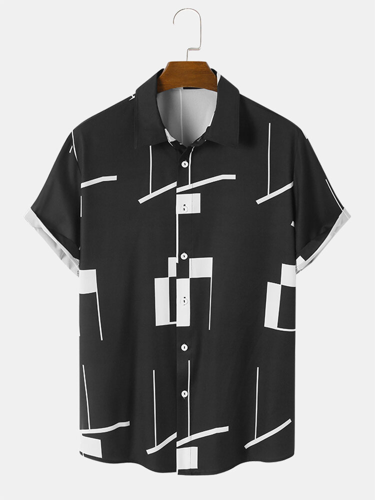 Mens Line Geometric Print Button Up Daily Short Sleeve Shirts