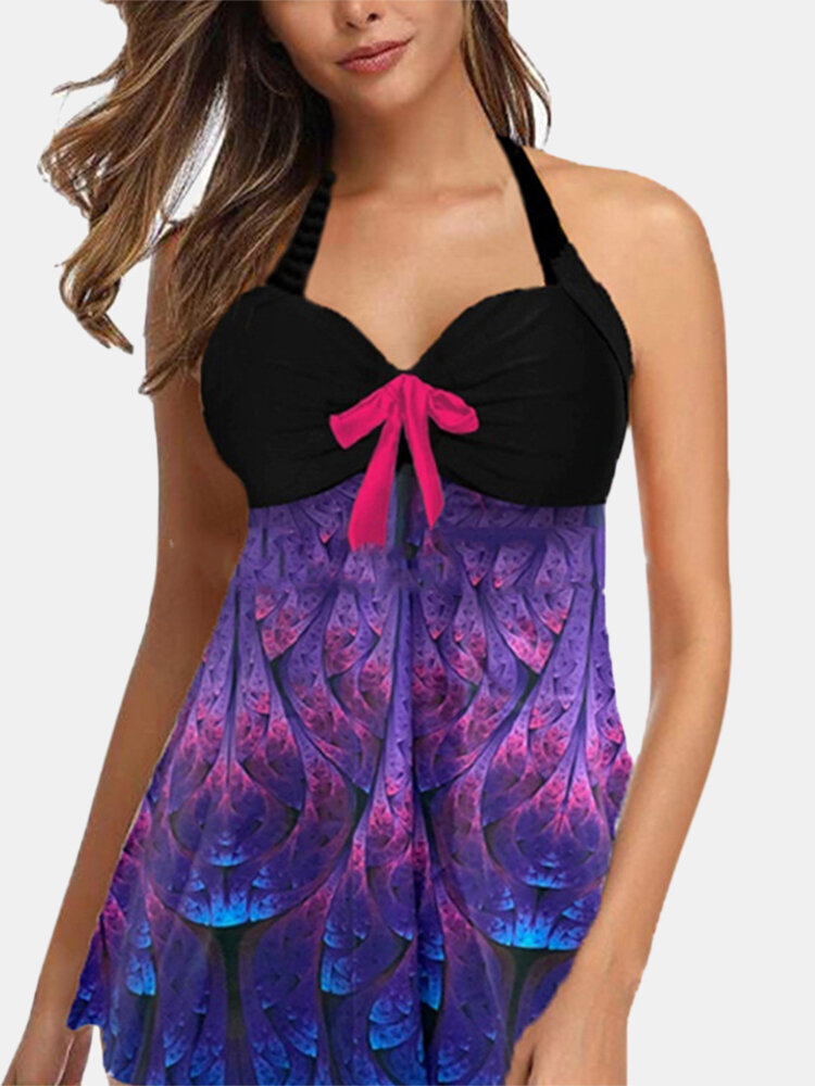 

Plus Size Halter Swimdress Print Gather Backless Cover Belly Swimwear, Purple