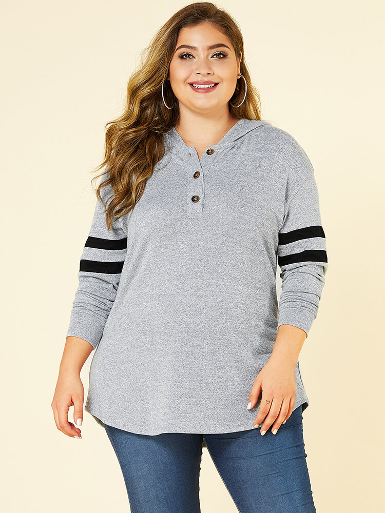 Casual Striped Patchwork Button Plus Size Basic Hoodie