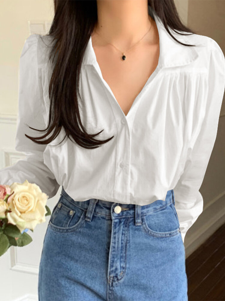 Solid Folds Lapel Long Sleeve Button Down Shirt For Women
