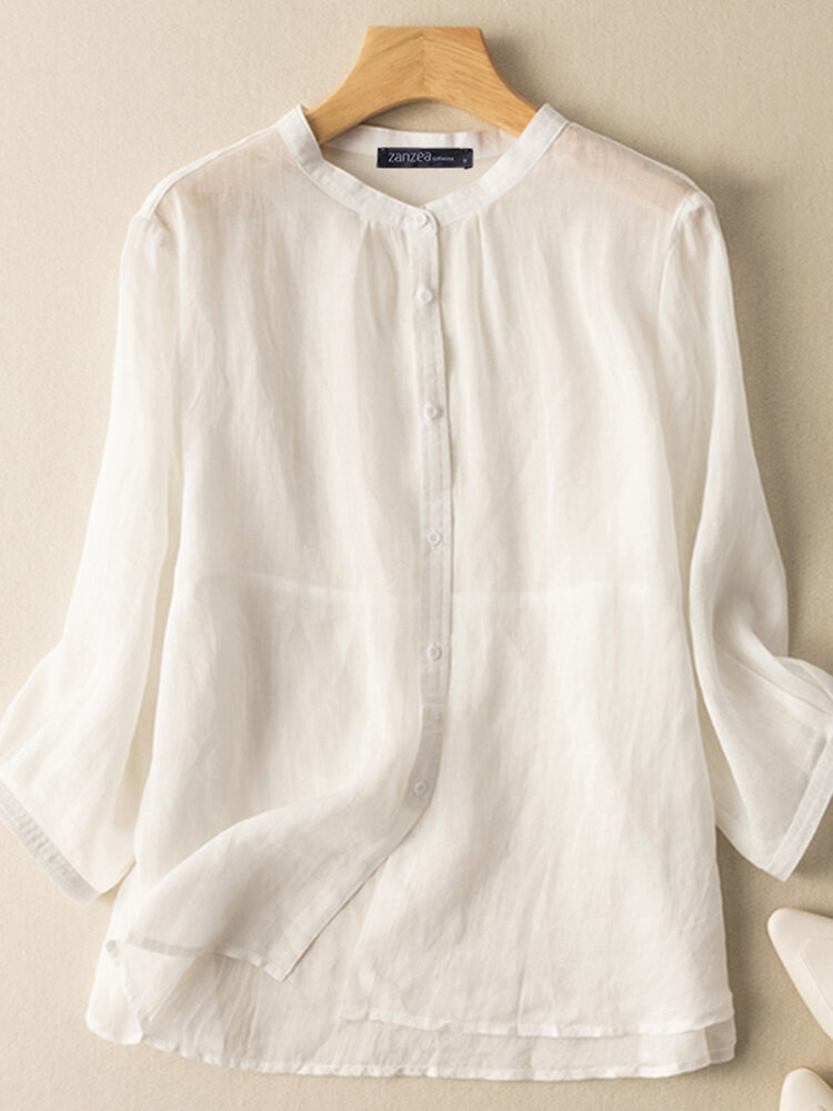 Solid Button Long Sleeve Casual Stand Collar Blouse