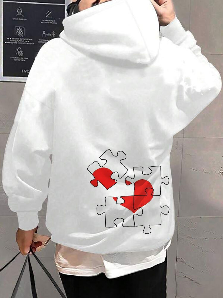 

Mens Heart Puzzle Back Print Valentine' Day Casual Long Sleeve Hoodies Winter, White
