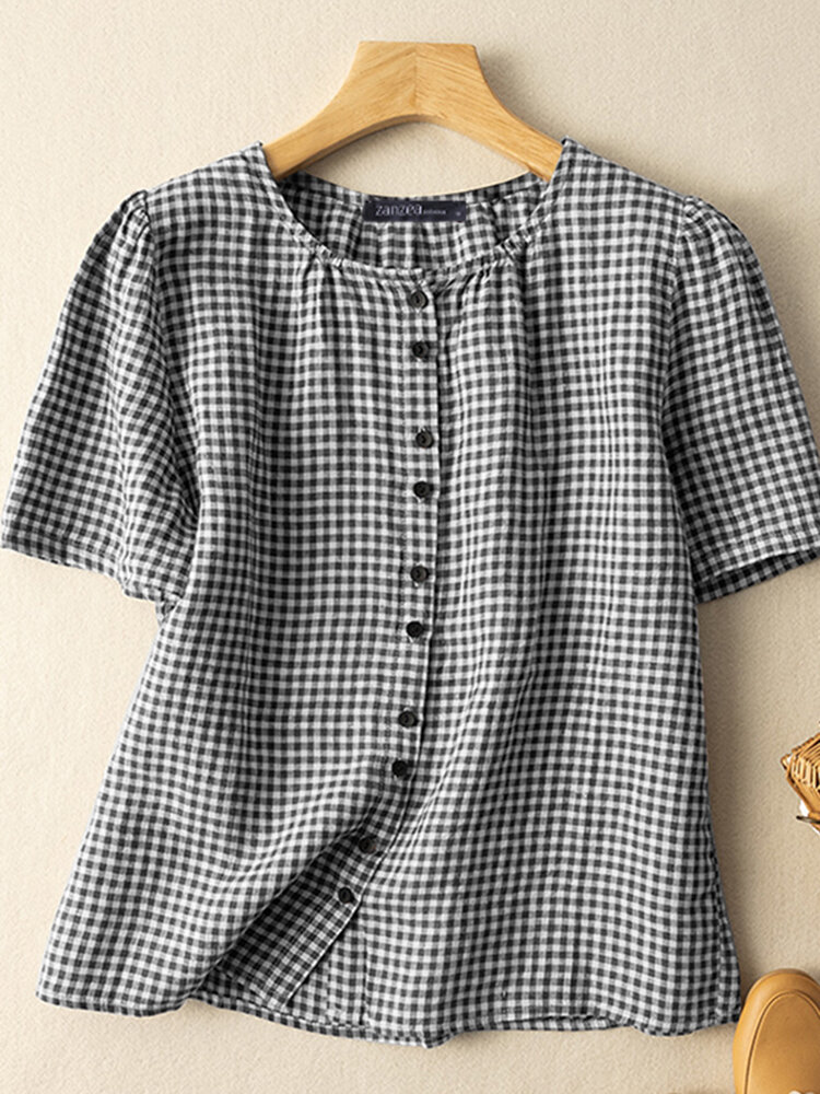 Women Gingham Plaid Button Front Casual Short Sleeve Blouse