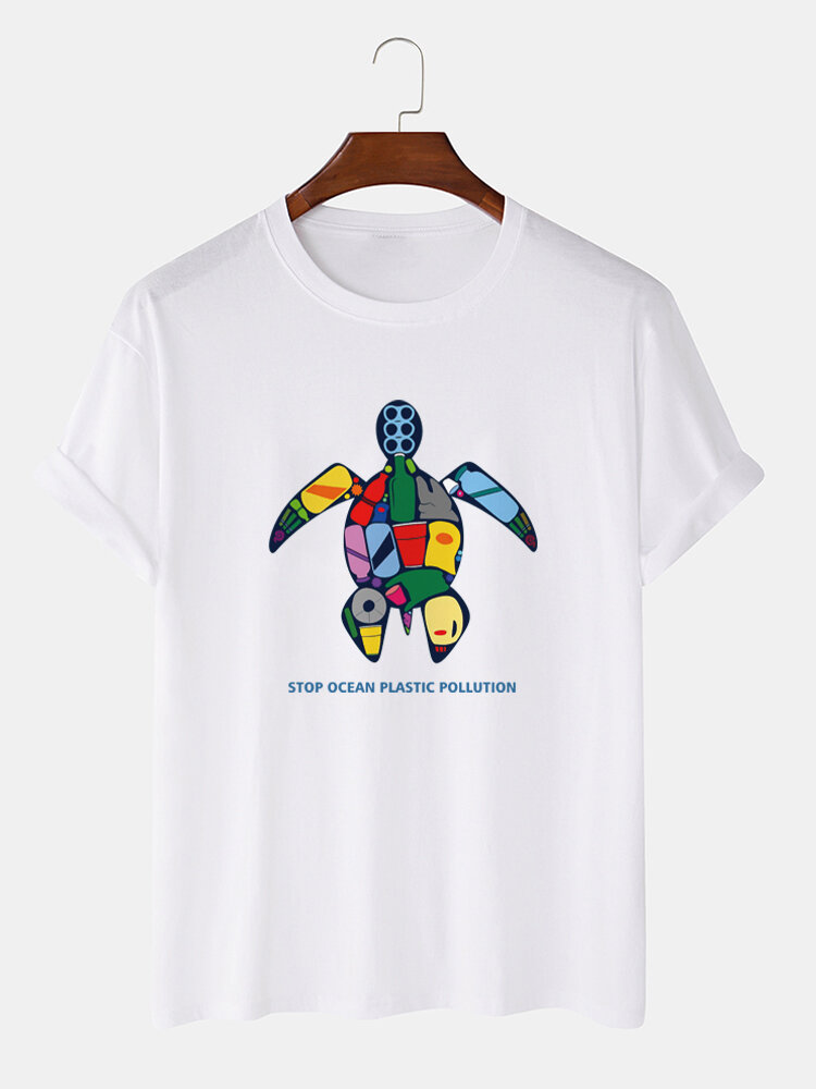 

Mens Sea Turtle Slogan Print Cotton Short Sleeve T-Shirts, Black;gray;pink;khaki;white;light blue;orange