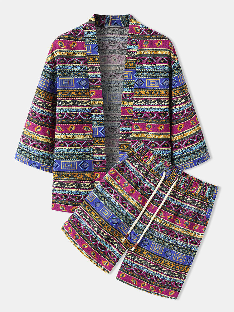 

Mens Tribal Print 100%Cotton Kimono Shawl Collar Two Pieces Outfits, Blue