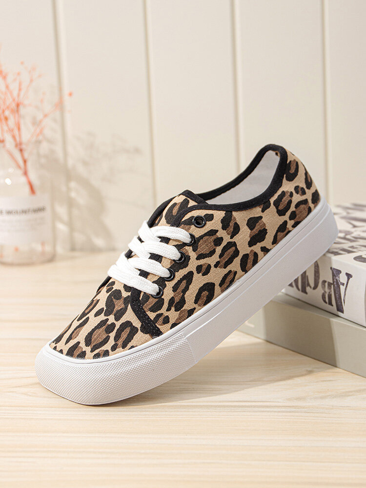 Women Fashion Square Toe Print Canvas Shoes Lace Up Comfy Wearable Casaul Skate Sneakers