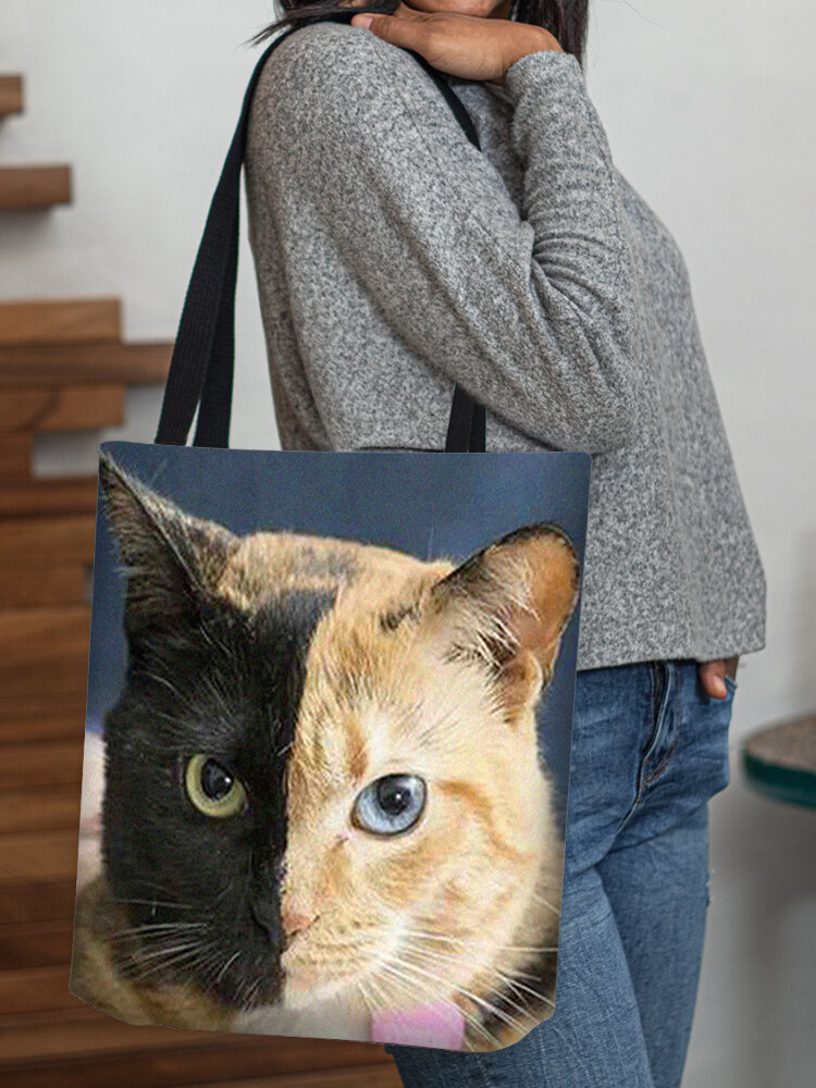 Women Patchwork Cat Pattern Print Shoulder Bag Handbag Tote