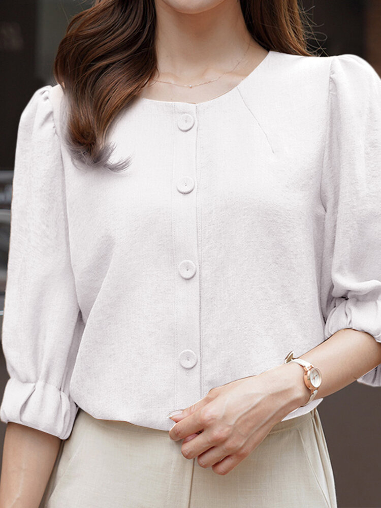 Solid Button Front Half Sleeve Crew Neck Women Blouse