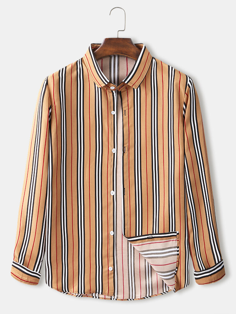 Mens Classical Striped Print Loose Casual Thin Lapel Long Sleeve Shirts