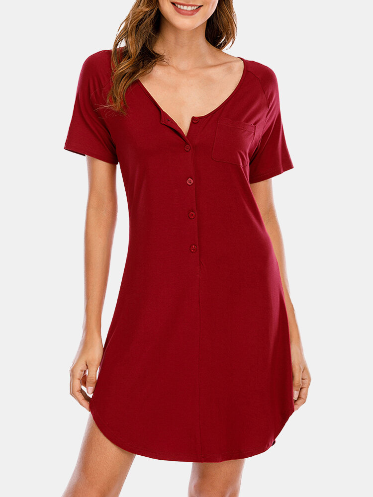 

Women Modal Nightdress Front Button Plain Short Sleeve Irregular Softies Plus Size Pajamas, Black;wine red;navy