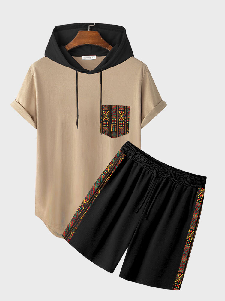 Mens Ethnic Pattern Patchwork Hooded Short Sleeve Two Pieces Outfits