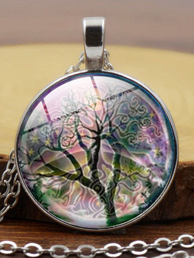 Vintage Round-shaped Time Gemstone Life Tree Pattern Pendant Alloy Glass Necklace
