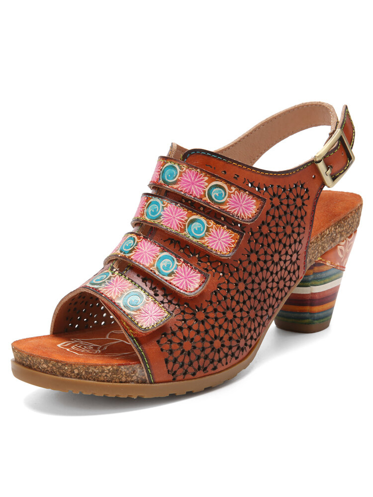 

Socofy Genuine Leather Comfy Summer Vacation Bohemian Ethnic Hollow Print Hook & Loop Heeled Sandals, Camel