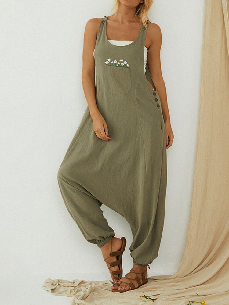 Daisy Embroidered Pockets Drop-crotch Button Jumpsuit