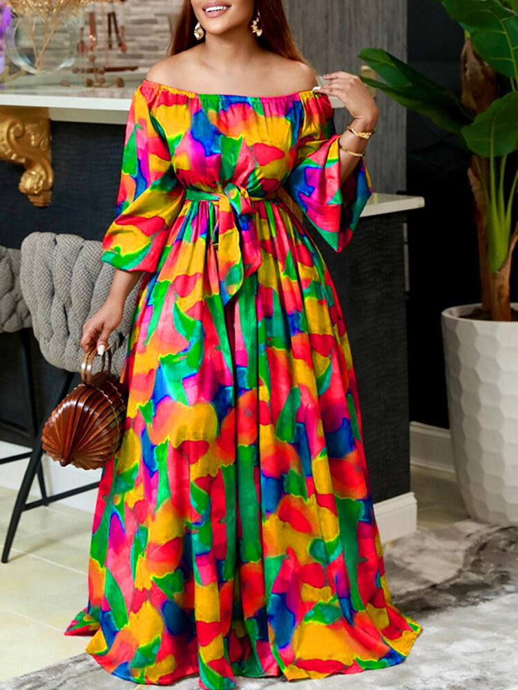 فستان ماكسي نسائي مقاس كبير بطباعة ألوان مائية بدون أكتاف وأكمام طويلة