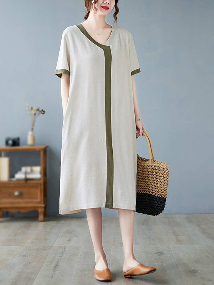 Contrast Loose Pocket V-neck Short Sleeve Casual Dress