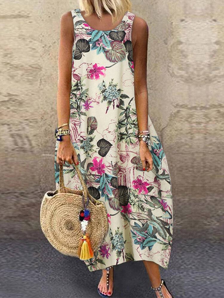 Floral Print Baggy Sleeveless Plus Size Maxi Dress