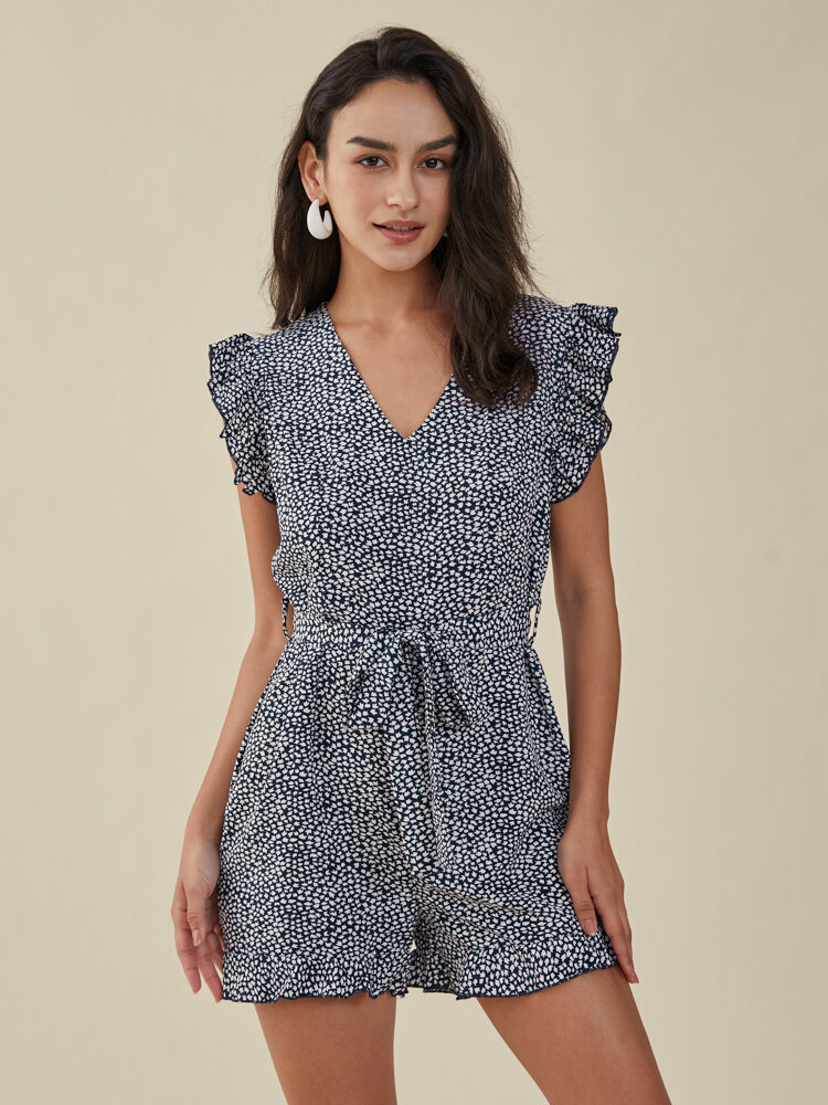 

Floral Print Ruffle Knotted V-neck Romper, Navy