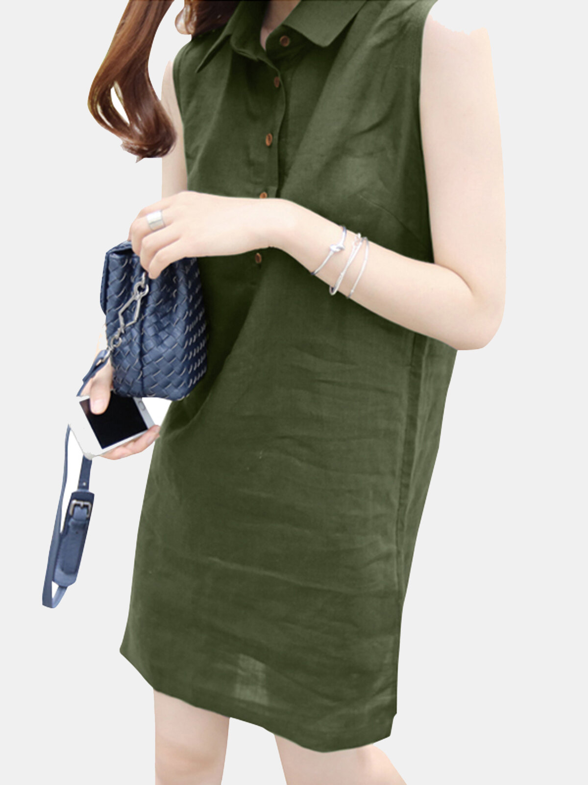 Solid Sleeveless Button Front Lapel Dress For Women