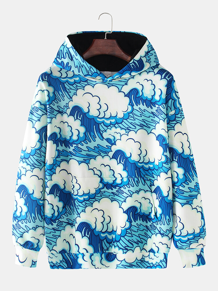 Mens All Over Waves Koi Print Drop Sleeve Casual Pouch Pocket Hoodies