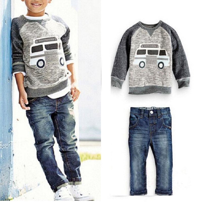 

2Pcs Cartoon Pattern Boys O-Neck T-Shirt + Long Jeans Sets For 2Y-9Y, Gray