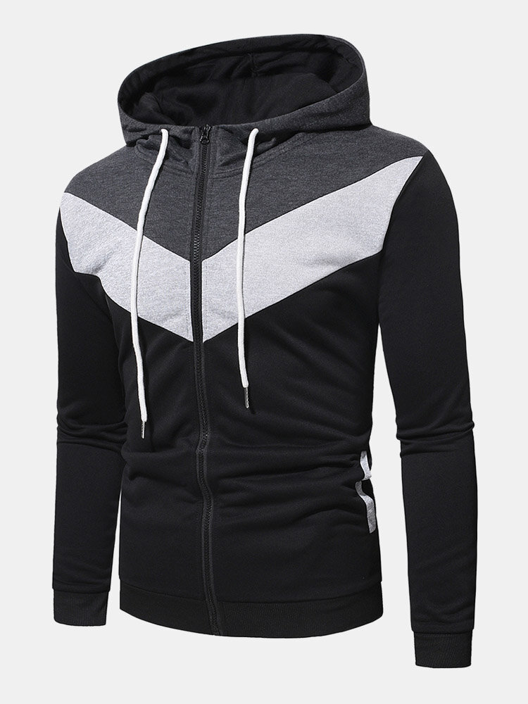 Mens Color Block Patchwork Zip Front Sports Drawstring Hooded Jacket
